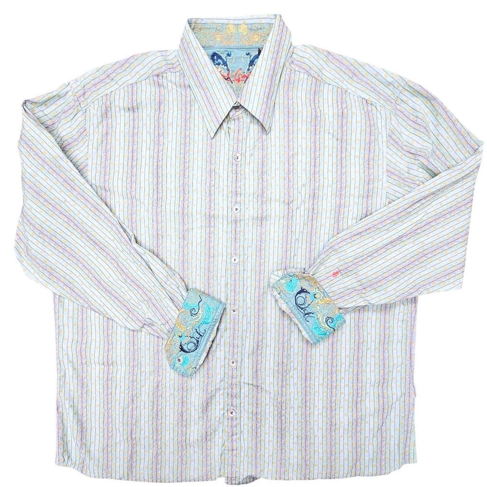 Robert Graham Button Down Shirt Men 2XL Jacquard Embroidered Flip Cuff Art‎ Deco